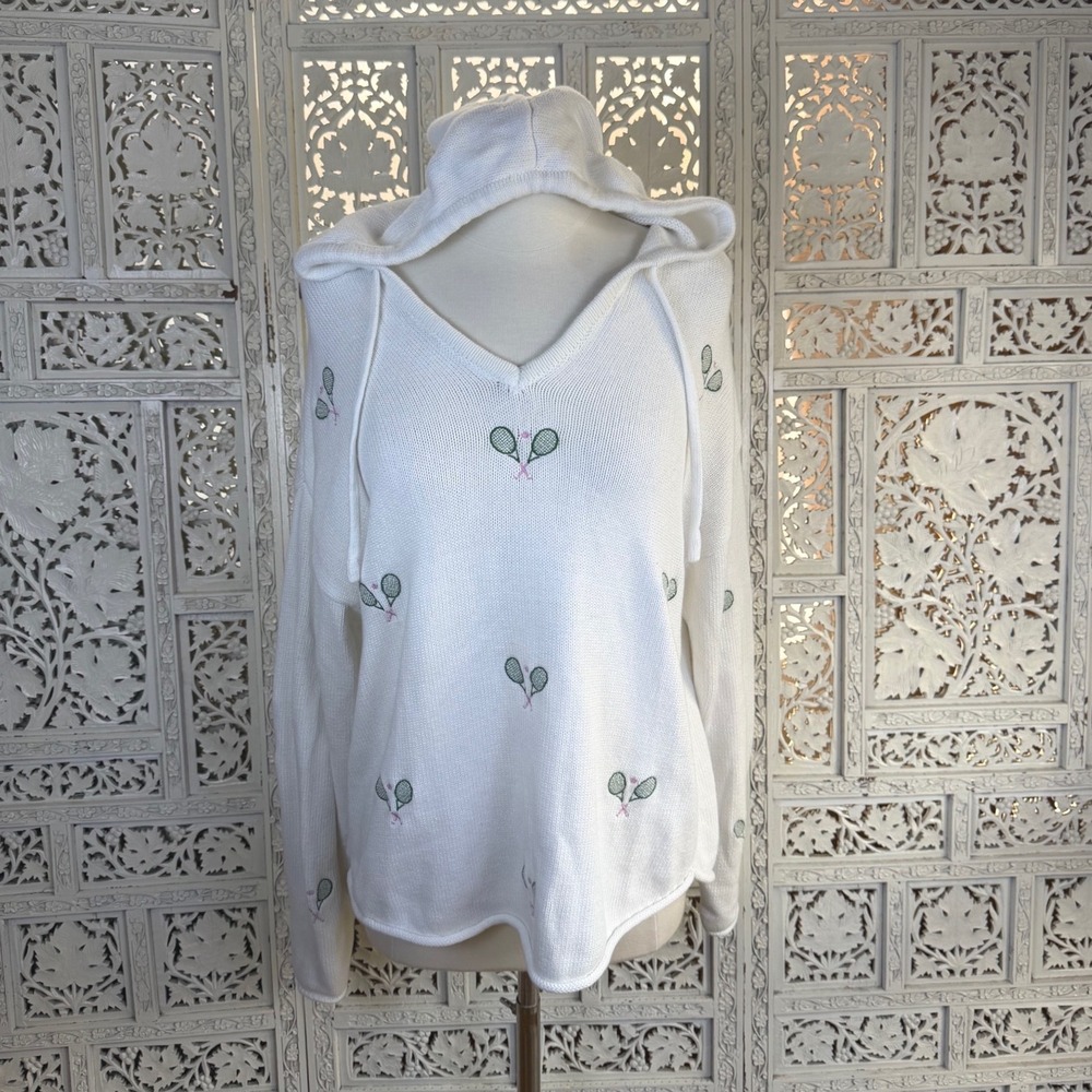 White Tennis Theme Embroidered Drawstring Hoodie Womens Large Preppy Athleisure